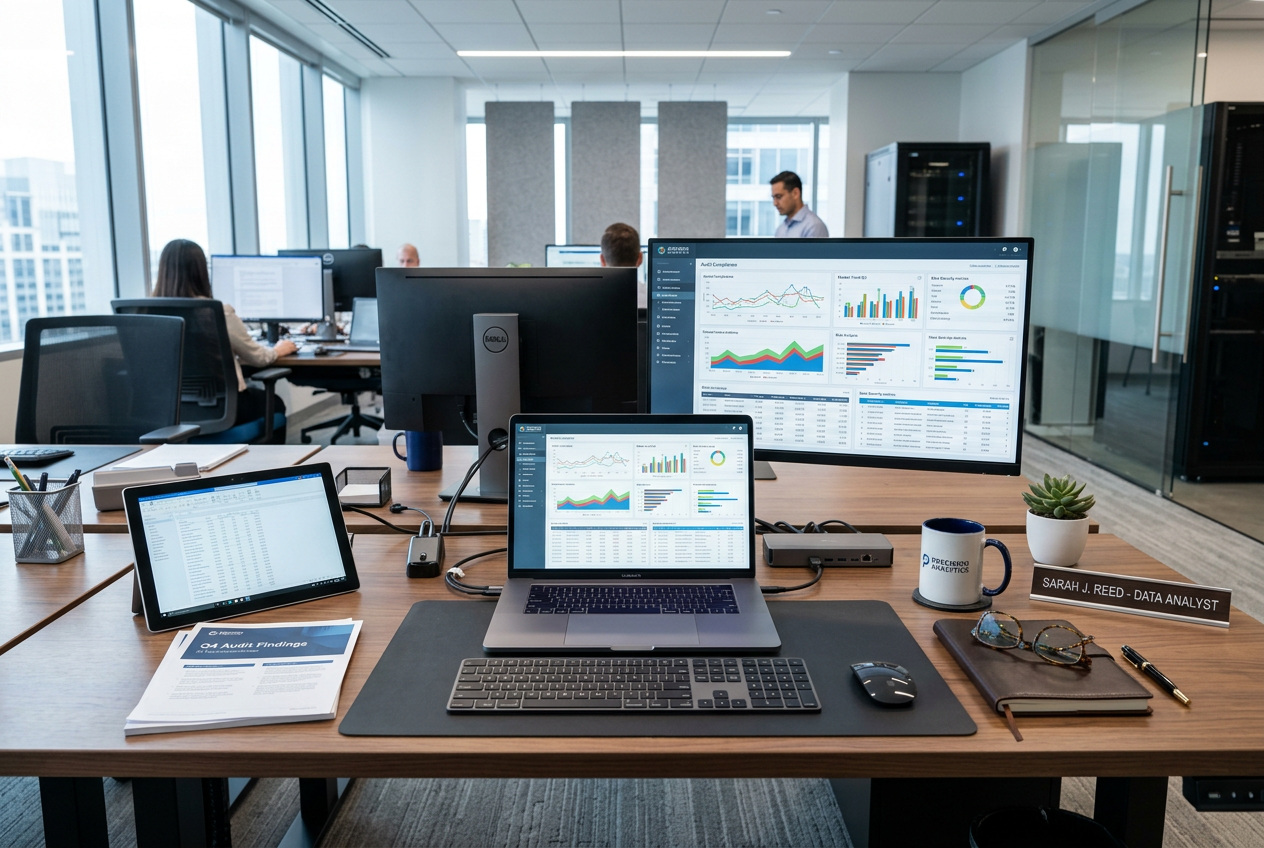 A professional analyst workspace with data charts on a laptop screen